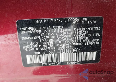 2021 Subaru Forester Premium из США, поврежденный, VIN JF2SKAJC0MH479904